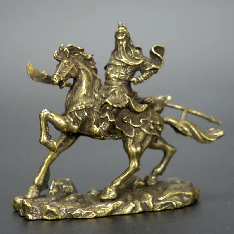 Коллекционный китайский чистый латунный резной Guan Yu ride Horse изысканный маленький