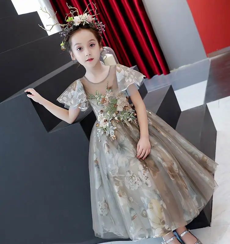 

Princess Dress for Girls Beaded Embroidered coffee short sleeve Gauze Birthday Wedding Party Dress Children Clothing 2-12T