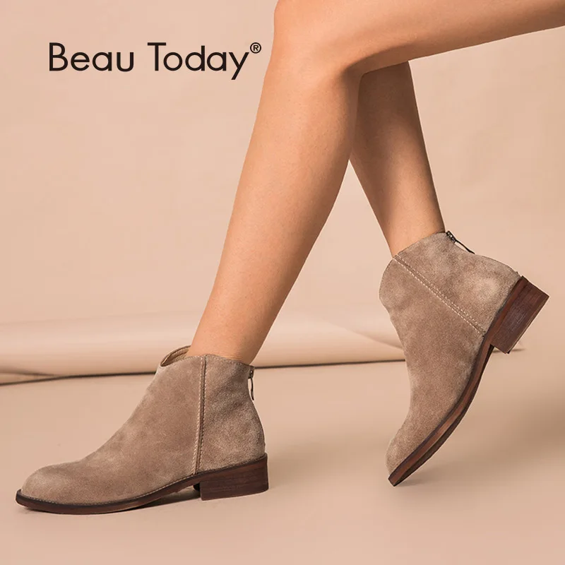 Baratos BeauToday botas de tobillo de cuero genuino de calidad superior cremallera Otoño Invierno moda señora zapatos de cuero vacuno hecho a mano 03274