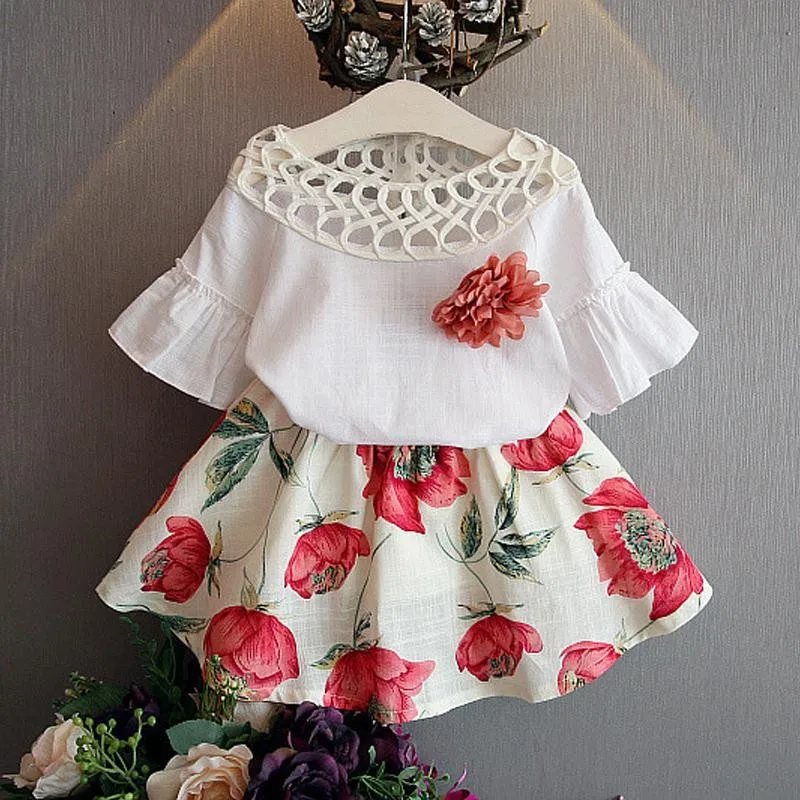 Г. летние модные комплекты одежды для девочек детская одежда топы с короткими рукавами и цветочным принтом+ платья детские короткие костюмы