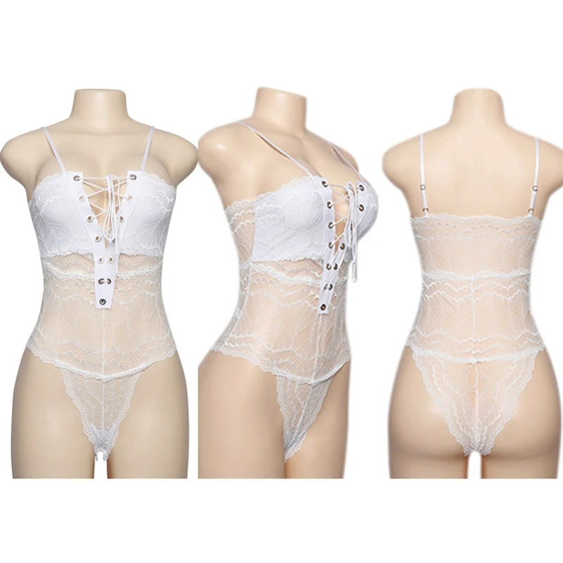 black bodysuit Women Erotic Sexy Lace Up Bodysuits Open Crotch Teddy For Women Lace Bobycon Bandage Bustier Jumpsuits Deep V Rompers bodysuit top Bodysuits
