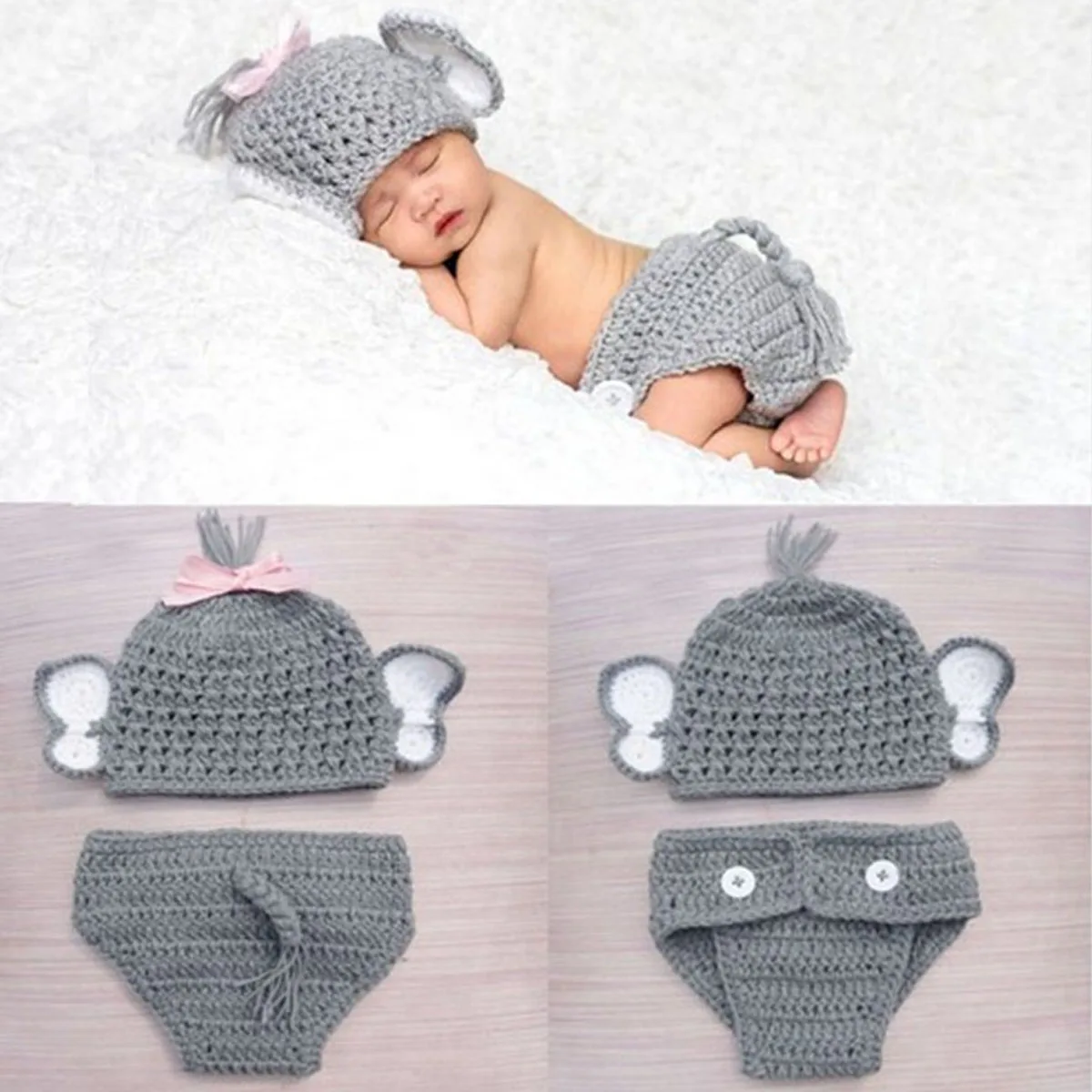

Newborn Baby Girls Boys Elephant Costume Baby Boy Girl Animal Knit Crochet Elephant Hat Briefs Clothes Set Photo Prop Outfits