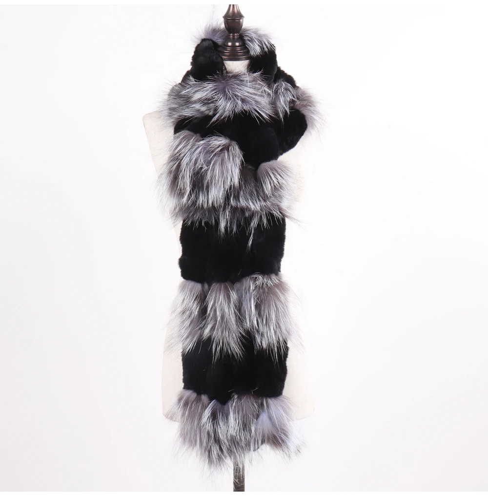 Hot Sale Women Fashion Real Silver Fox Fur Scarf Natural Warm Rex Rabbit Fur Muffler Lady Winter Genuine Fur Scarves
