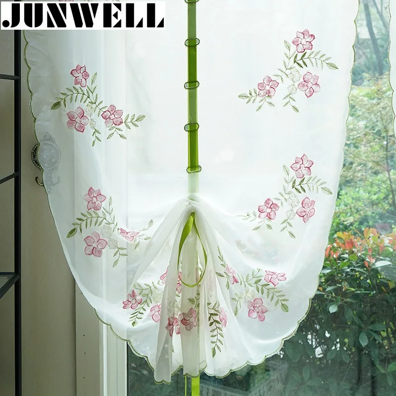 Junwell Polyester Voile Rosebud Embroidery Roman Curtain Blinds Home
