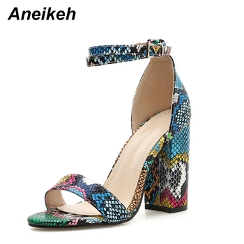 

Aneikeh 2019 Novelty PU Sandals Woman Serpentine Square High Heels Shoe Round Toe Cover Heel Buckle Strap Colorful Wedding 35-40