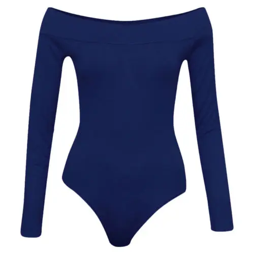 Женское боди с открытыми плечами и длинным рукавом, топ-купальник, простой стрейчевый цельный костюм - Цвет: Синий