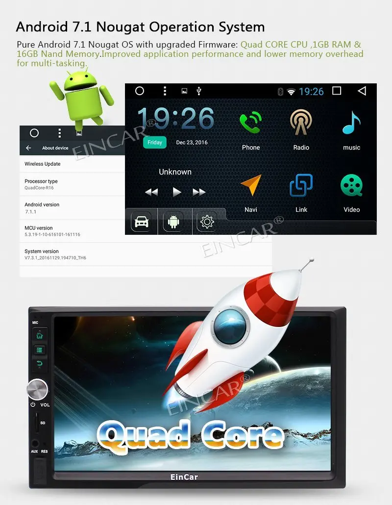 

Car Reversing Camera+EinCar 2 Din Android 7.1 Nougat Car Stereo Quad Core 7'' In Dash GPS Navigation Car Radio Audio Bluetooth