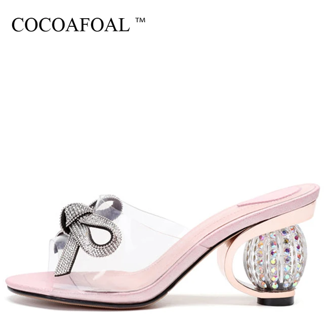COCOAFOAL Women's Transparent Slides Pink Grey Big Size 43 Summer Rhinestone Slippers Clear Heels Transparent Sandbeach Slides 