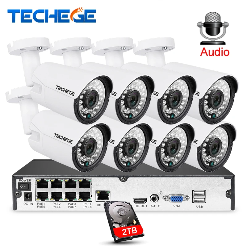 

Techege 8CH 1080P CCTV System Audio Record 2MP PoE kit IP Camera 3000TVL Metal Waterproof Night Vision Security Camera System