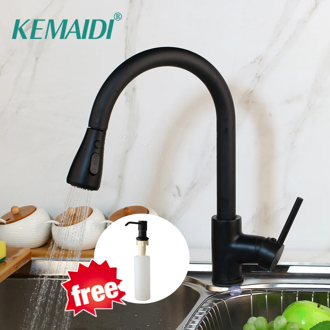 KEMAIDI Blackend Кухонные смесители Серебряная одинарная ручка выдвижной кухонный кран с одним отверстием поворотный 360 градусов смеситель для