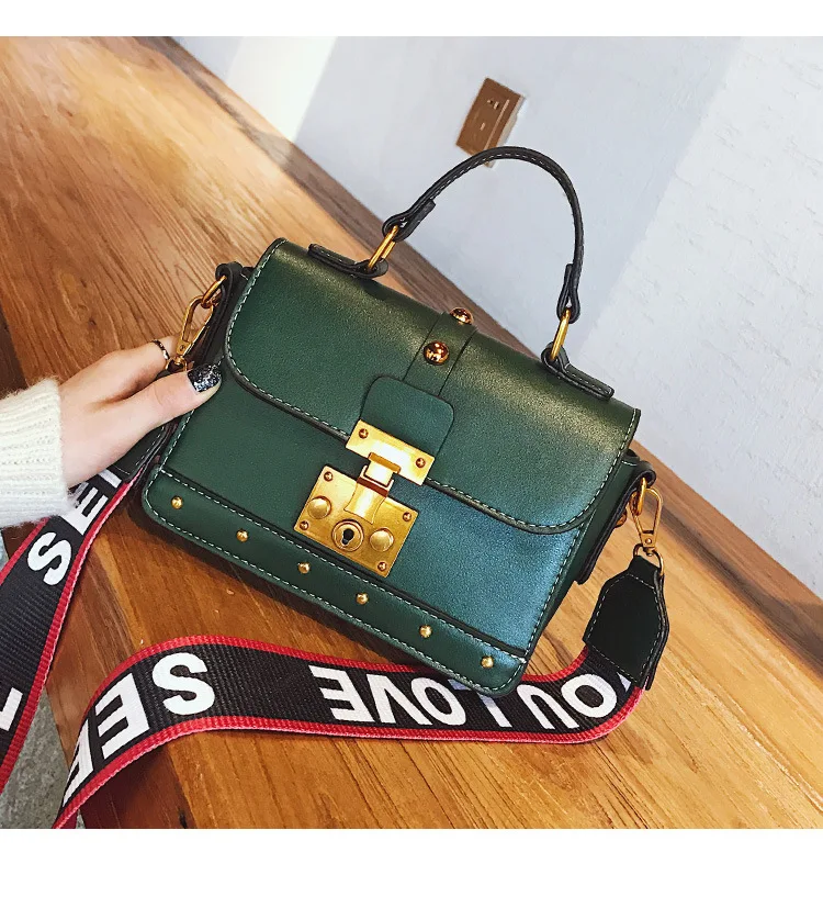 Women Vintage Leather Handbag Small Rivets Flap Shoulder Bag Colorful Wide Strap Crossbody Bag for Girls Green Brown Black Purse  (12)