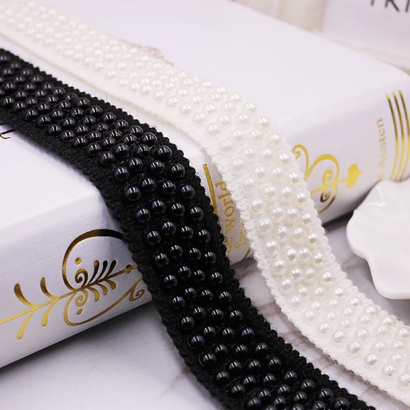 

1Yard/lot White/black Pearl Beaded Lace Trim Tape Fabric Lace Ribbon Collar Sewing Garment Embroidered Headdress Materials Dress