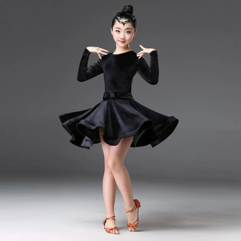 Бархатное хлопковое платье с длинными рукавами для латинских танцев для девочек, бальные костюмы для соревнований, вечерние костюмы для выступлений - Цвет: Black