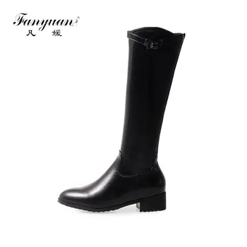 

Fanyuan Comfort Solid Women Motorcycle boots Winter Warm Fur Knee-high Boots Fashion belt buckle Zipper Boots shoes Size 32-43