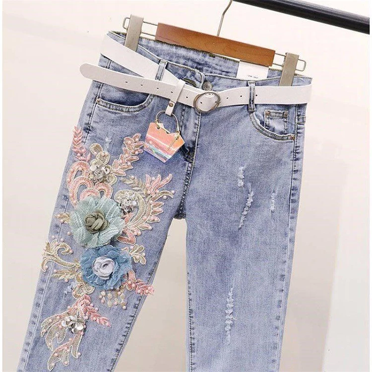 Женский комплект из двух предметов, вышивка бисером, тяжелая работа, 3D футболки с цветочным узором+ джинсовые штаны, комплекты одежды из 2 предметов, Летние повседневные джинсовые костюмы