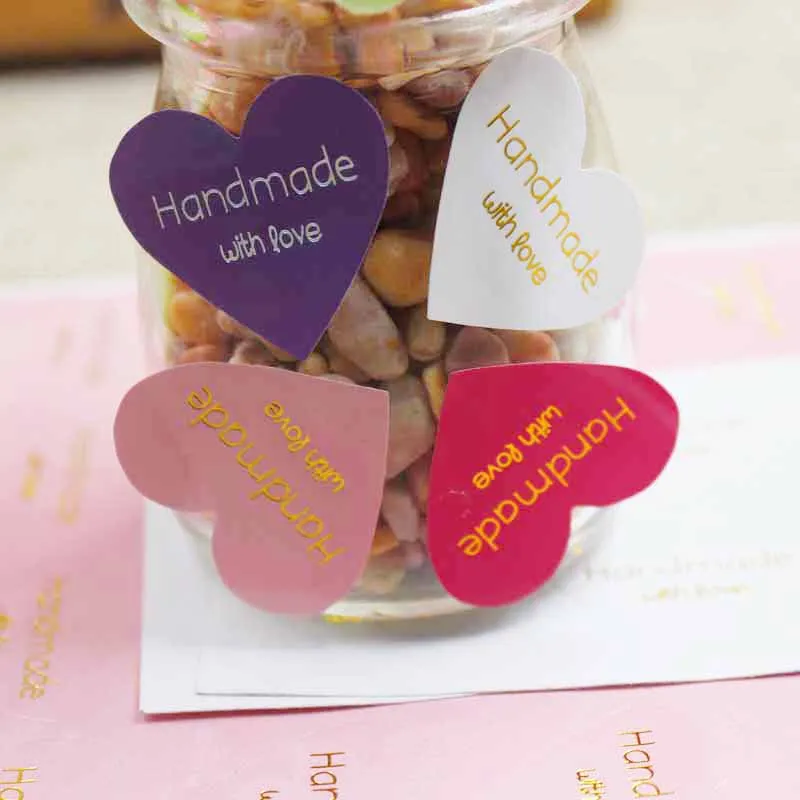 100pcs mulit paper gold/silver foil labels DIY handmade with love self adhesive labels heart shape thanks you gift labels 33*29m