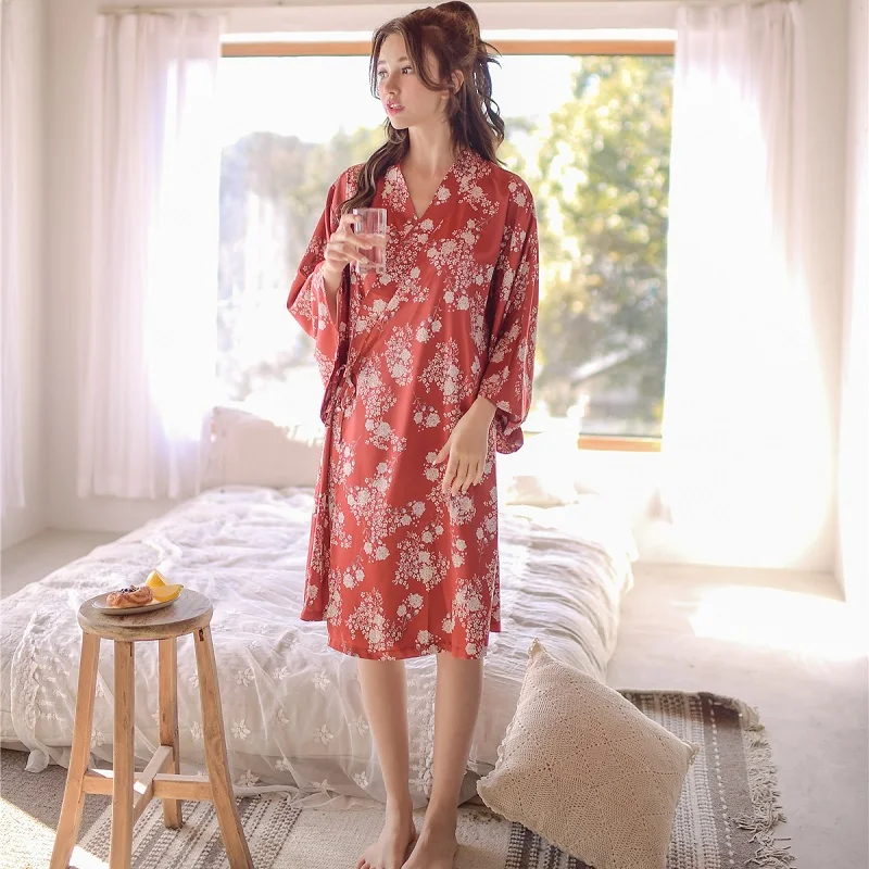 

Summer Floral Robe For Women Three Quarter Sleeve Silk Like Sexy Nightdress Autumn Japanese Style Sleepwear 8032