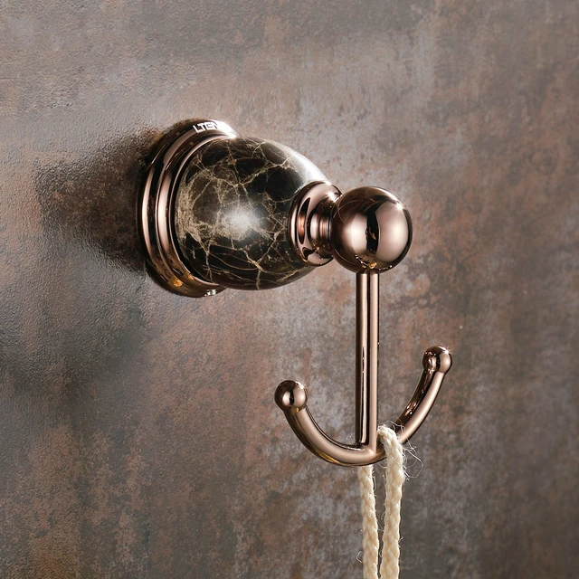 Vintage Refined Brass Rose Gold Robe Hook Marble Base Polished Towel