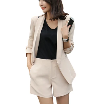 

Women Office Lady Khaki Solid Short Pant Suits 2 Two Piece set Fashion Notched Jacket Blazer + Zipper Short Femme Sets