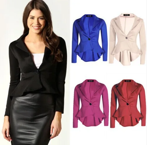 Womens Ladies Frill Shift Tailored Zip UP Long Sleeve Peplum Blazer Coat Jacket