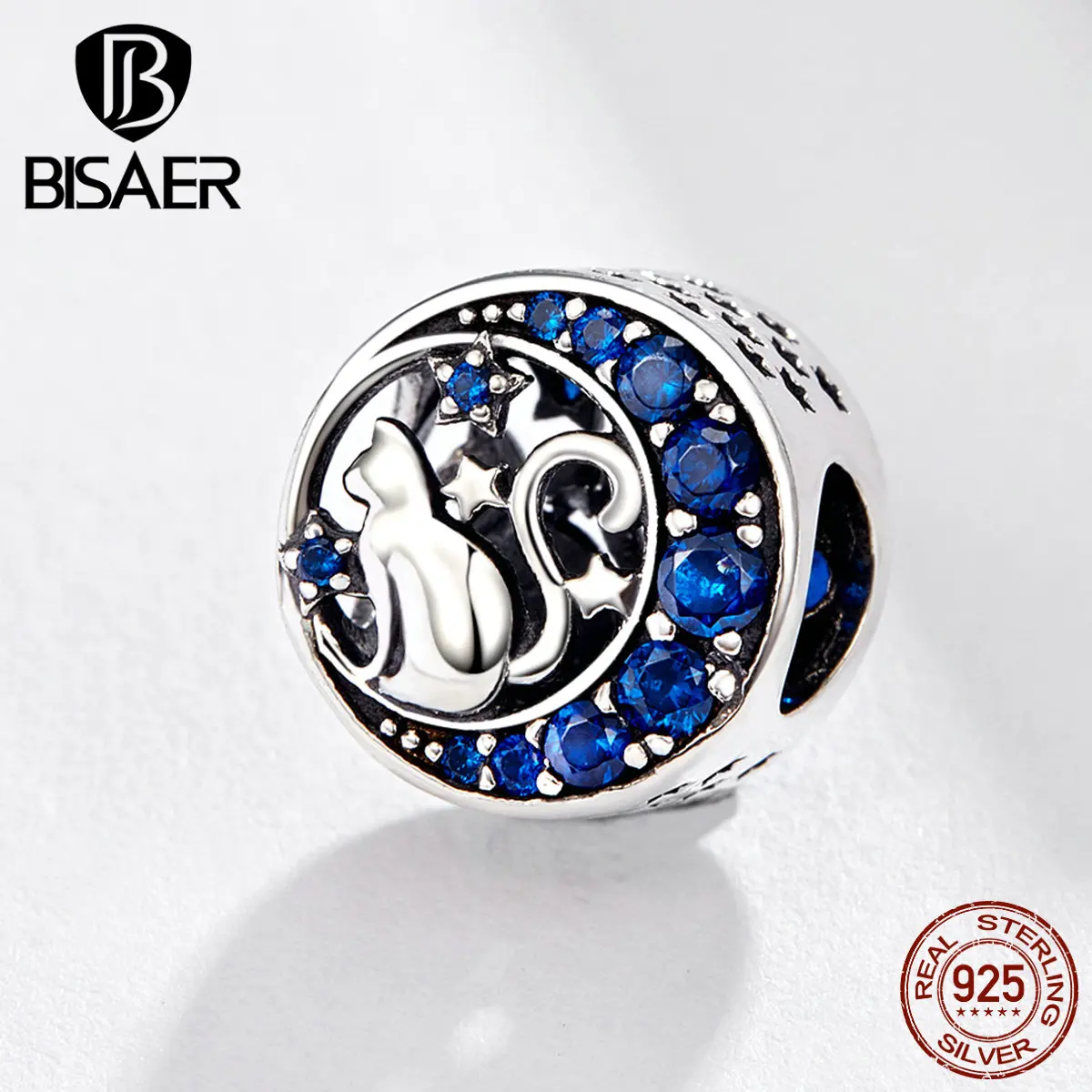 Бусины Bisaer из настоящего 925 пробы, серебряные, синие, циркониевые, кошачьи, лунные, блестящие, подходят для Панов, оригинальные браслеты, сделай сам, ювелирные изделия HSC1204