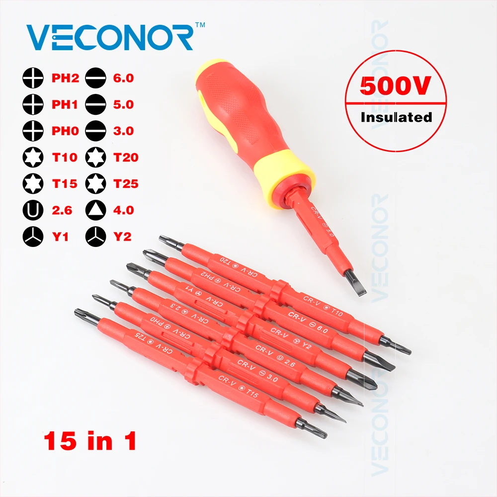 

Veconor 8 pieces in 1 dual side screwdriver bit set electrical screwdriving tools 500V insulated CRV blade