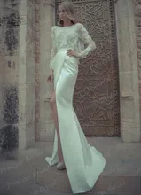 Free Shipping Amazing Mermaid Boat Neck Top Lace Front Open Sweep Train Sexy Long Sleeve Backless Wedding Dress MF393