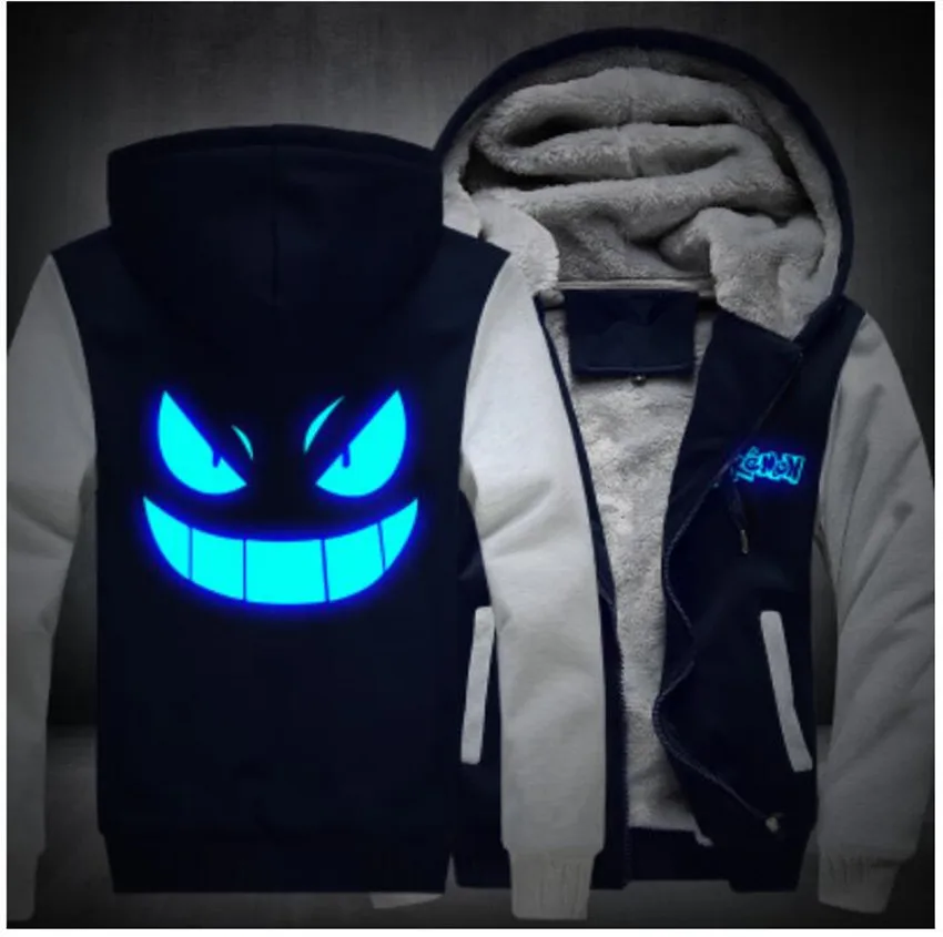 

Men's Hoodies Sweatshirts Winter Thicken Fleece Clothing Anime Pokemon Go Pocket Monster Gengar Luminous Coats Glowing USA SIZE