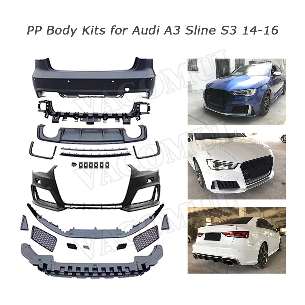 PP Material Wide Body Kit Front Lip Bumper Rear Hugger Back diffuser Spoiler for Audi A3 S3 RS3 Style