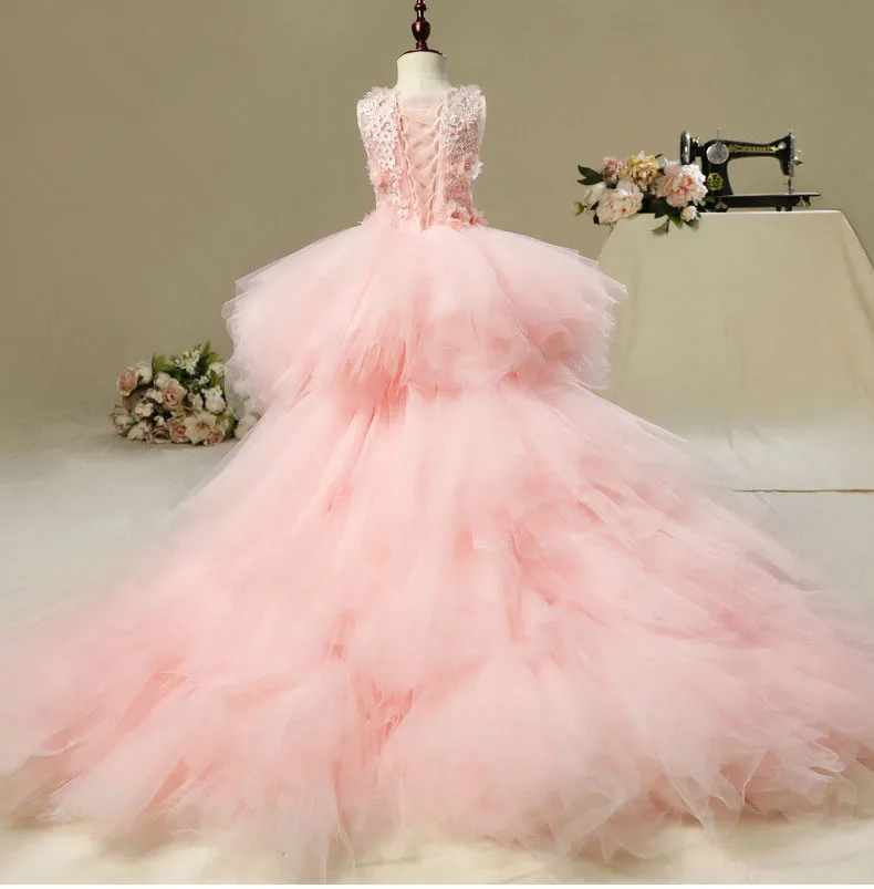 Vestidos para o Casamento Vestido de Festa de Formatura Glizt Longo Trailing Flor Meninas Rosa Tutu Floral Crianças Pageant Vestido Primeiro Comunhão 3 Mamãe e Bebê