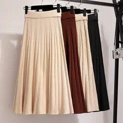 Большие размеры S XXL трикотажные женские юбки зимние длинные плиссированные юбки однотонные Макси-юбки черные с высокой эластичной талией