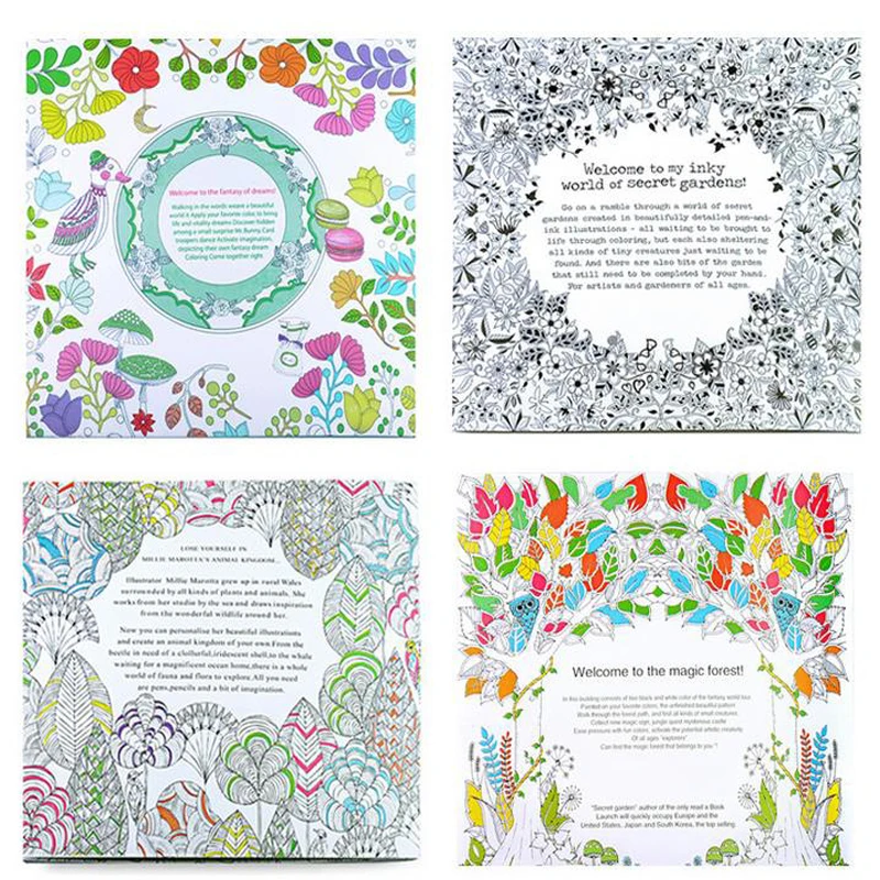 4 pcs/Lot Fantasy Dream Free Coloring Book For Adults Children Drawing Kill Time Graffiti Anti-Stress Painting Art Books Libro