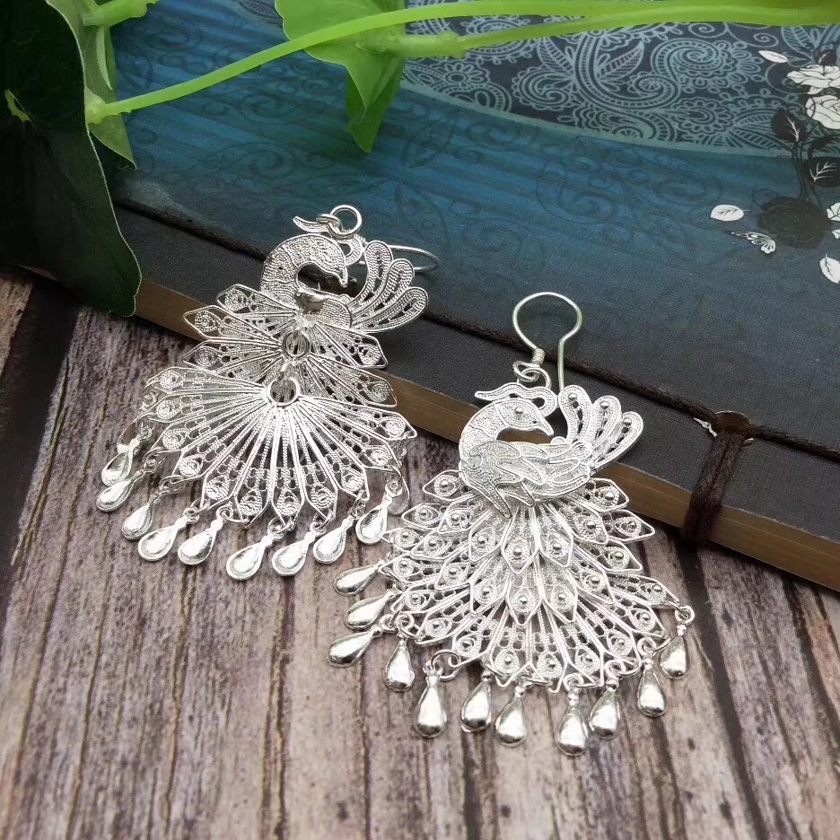 

New Pure S925 Silver Earrings Unique Silk Process Woman's Peacock Drop Earrings Hook 65mmL New