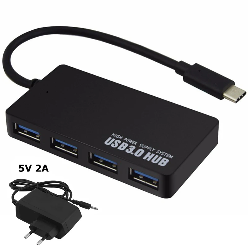 USB-C HUB 3.0 4 Ports OTG USB 3.0 HUB EU/AU/US/UK DC 5V Power Adapter Type C Splitter