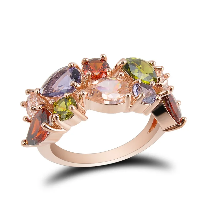 Colorful Rhinestone Ring Hypoallergenic Copper Rose Gold Engagement Wedding Rings for Women