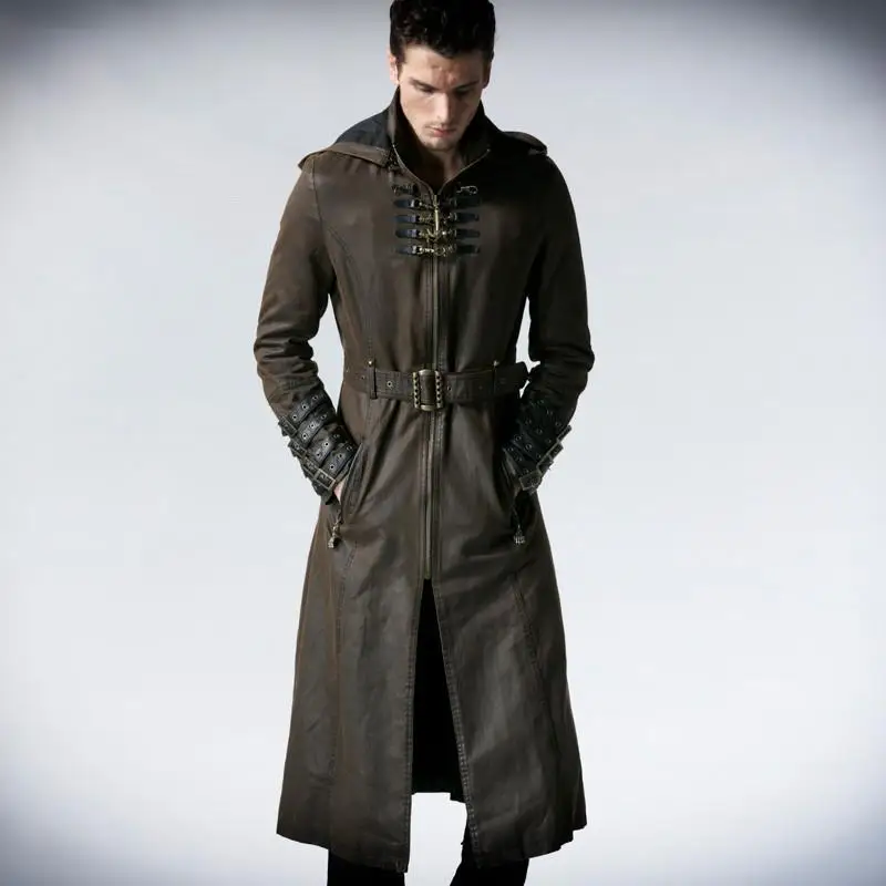 

Punk Rave Men's Gothic Military Power Walker Hooded Overcoat With Belt Y-550