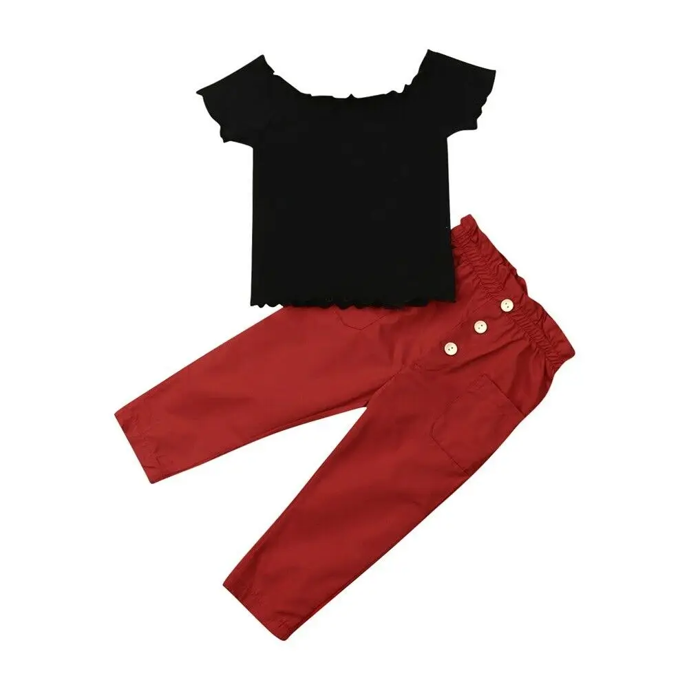 Г. Новейший стиль, укороченные топы с открытыми плечами для маленьких девочек, штаны весенне-летний восхитительный комплект одежды для детей от 3 до 7 лет - Цвет: Красный