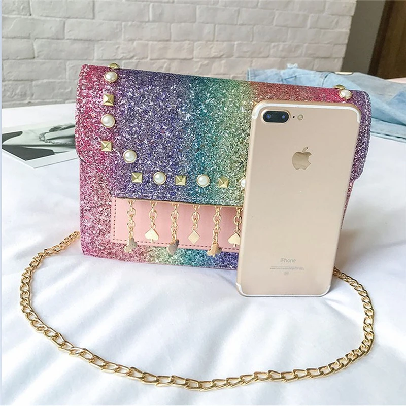Womens Ladies Sequined Flax Leather Envelope Clutch Evening Shoulder Chain Bag Colorful Messenger Bags