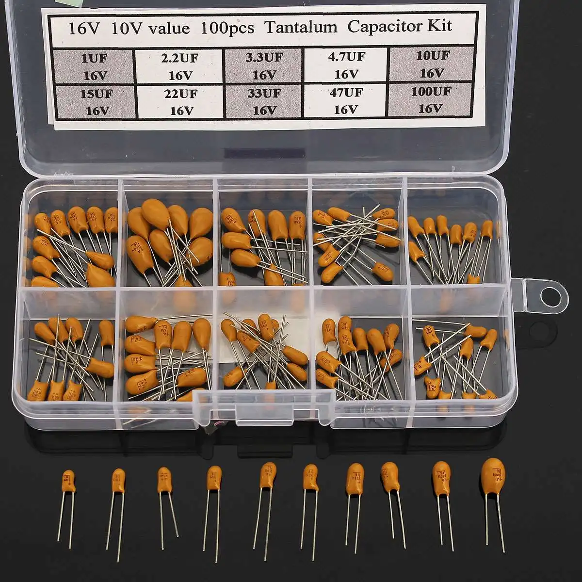 100 шт. конденсаторы высокой точности 16 в 10 Значение Танталовый конденсатор Ассорти комплект коробка assirstment прочный 3X6,5X2 см конденсаторы
