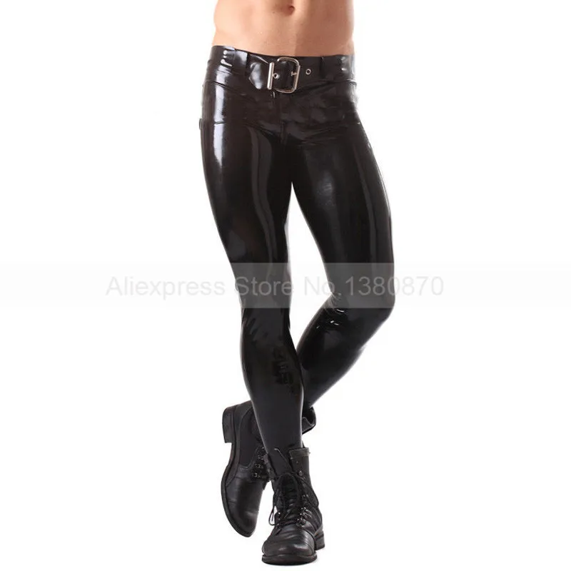 Сплошной черный мужской латекса Брюки Человек сексуальное брюки с поясом S-LTM013