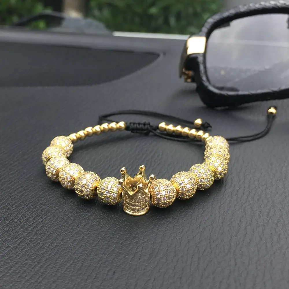 

Trendy Braiding Charm Gold Crown Bracelet Hip Hop Men Pave CZ Zircon Ball Bracelets Luxury Jewelry Masculina Feminina Bileklik