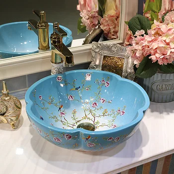 

Europe Style Counter Top porcelain wash basin bathroom sinks ceramic china wash basin flower shape wash basin blue