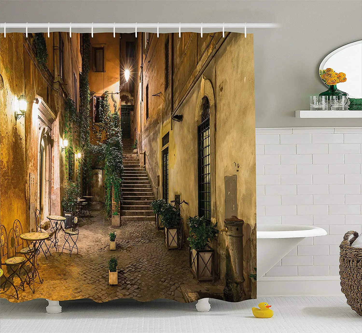 

Italian Decor Shower Curtain Old Courtyard in Rome Italy Cafe Chairs City Ambience Houses Street