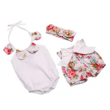 Летний детский хлопковый Цветочный лепесток, комбинезон с воротником, шорты и повязка на голову, костюм из 3 предметов, сиамский комбинезон детский комбинезон, комплект