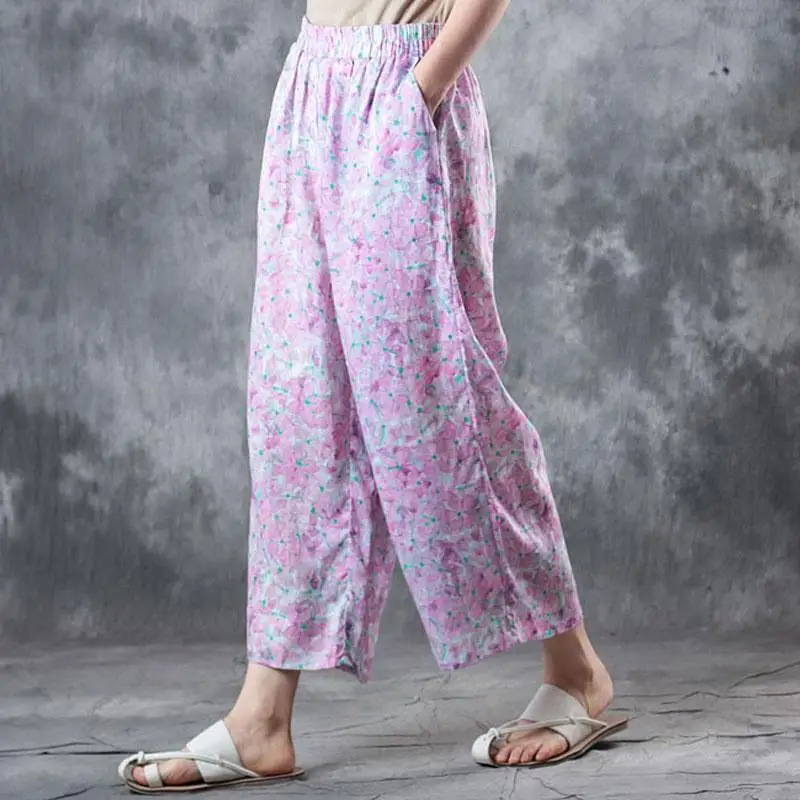 2018 Summer New Fashion Women Ladies Floral Wide Leg Pants Loose Print Ramie Trousers Stretch Waist Boho Pants OL Pantalon (2)