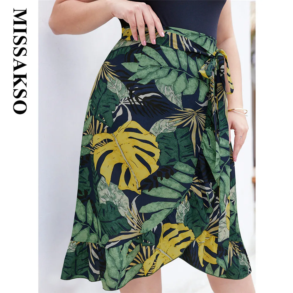 Missakso тропическая юбка для женщин пляжный стиль повседневные праздничные оборки Boho печати листьев юбки большого размера Лето Новое