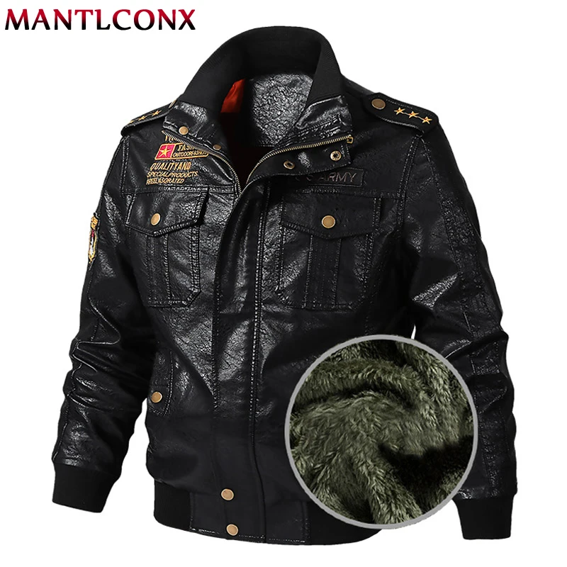 MANTLCONX Winter New Motorcycle Biker Bomber Leather Jacket Men Stand Collar PU Jacket Men Thick Leather Jacket Coats M-6XL