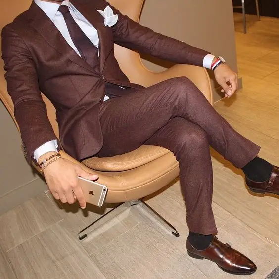 Новинка, коричневый костюм на двух пуговицах, мужские свадебные костюмы, 2 предмета(пиджак+ брюки+ галстук), Terno Masculino, блейзер для жениха, Tuxdeo 496