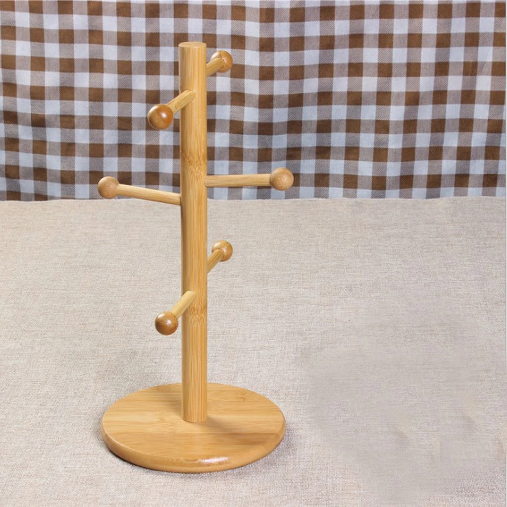 Bamboo Mug Rack Tree Removable Bamboo Mug Stand Storage Coffee Tea Cup Organizer Hanger Holder with 6 Hooks