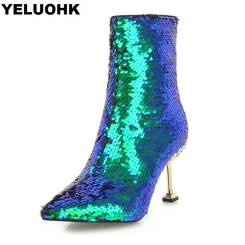 

New Glitter Ankle Boots Women Shoes Fashion Pointed Toe Short Women High Boots Sexy High Heels Autumn Shoes Pumps Stiletto Heel